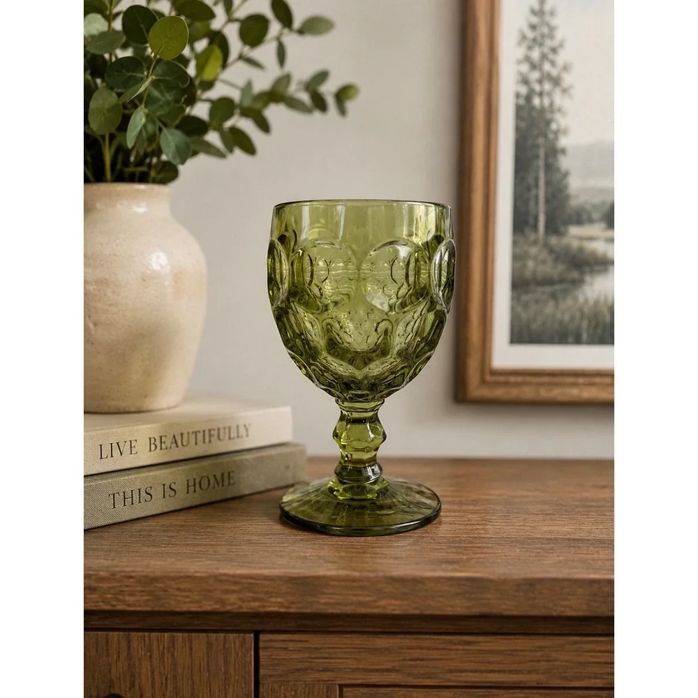 Imperial Glass Provincial Green Thumbprint Honeycomb Water Goblet 6 inch Vintage